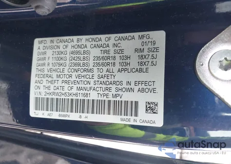 2019 Honda Cr-V Ex z USA, uszkodzony, nr VIN 2HKRW2H53KH611681